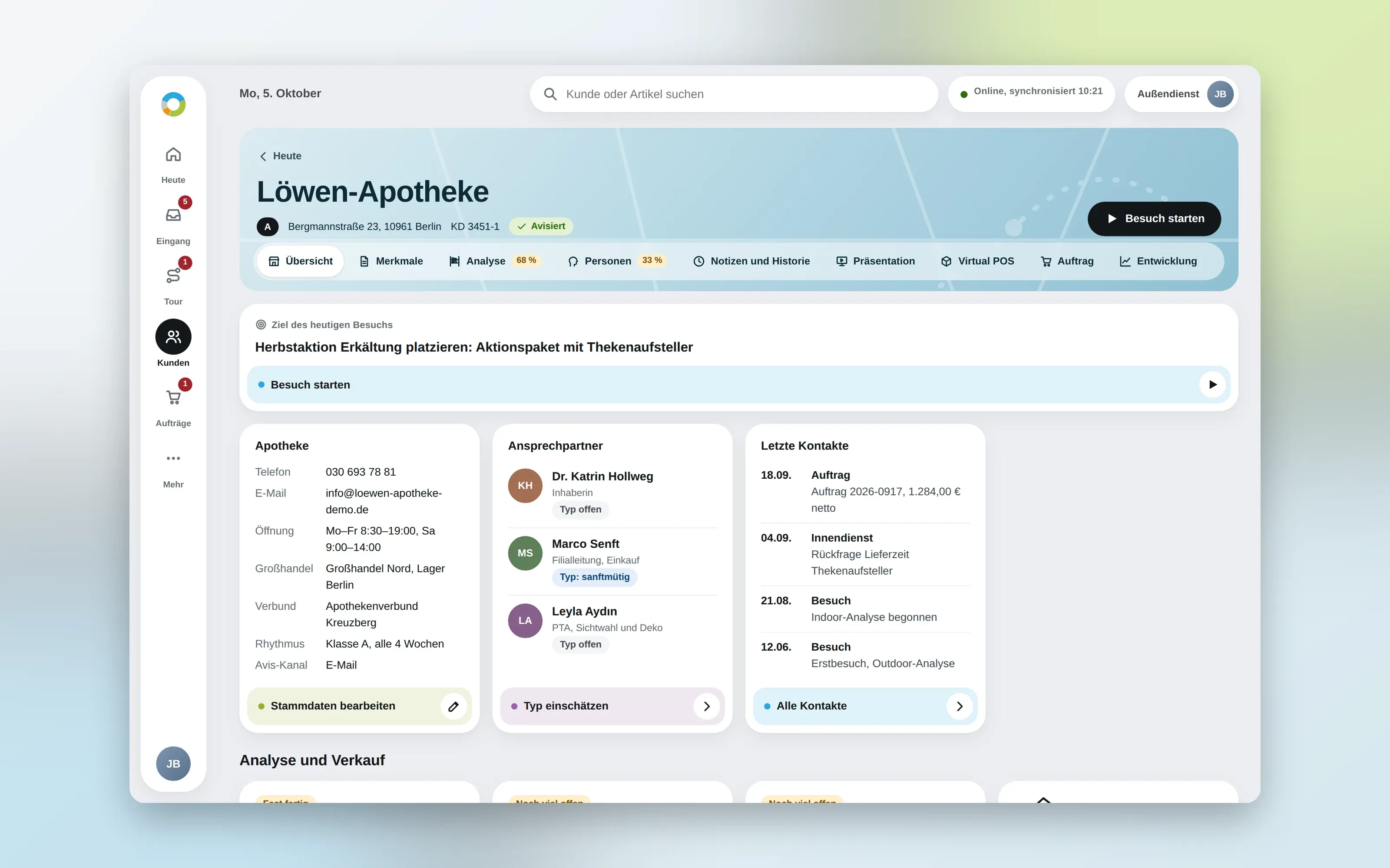 Kundenakte der Löwen-Apotheke mit Kopfbereich, Reitern und Kacheln zu Apotheke, Ansprechpersonen und Kontakten