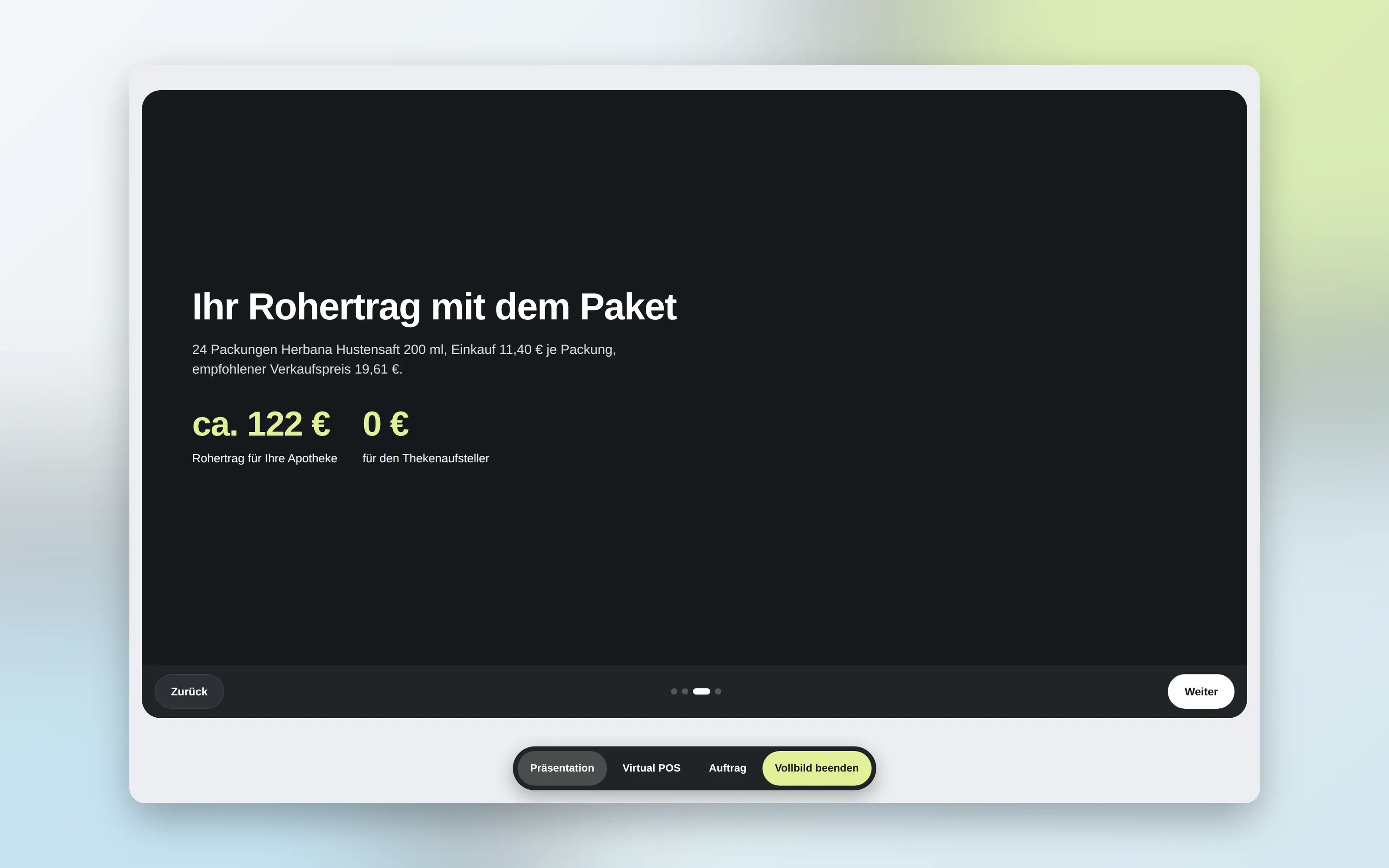 Präsentation im Vollbild mit der Folie „Ihr Rohertrag mit dem Paket“ für die Apotheke