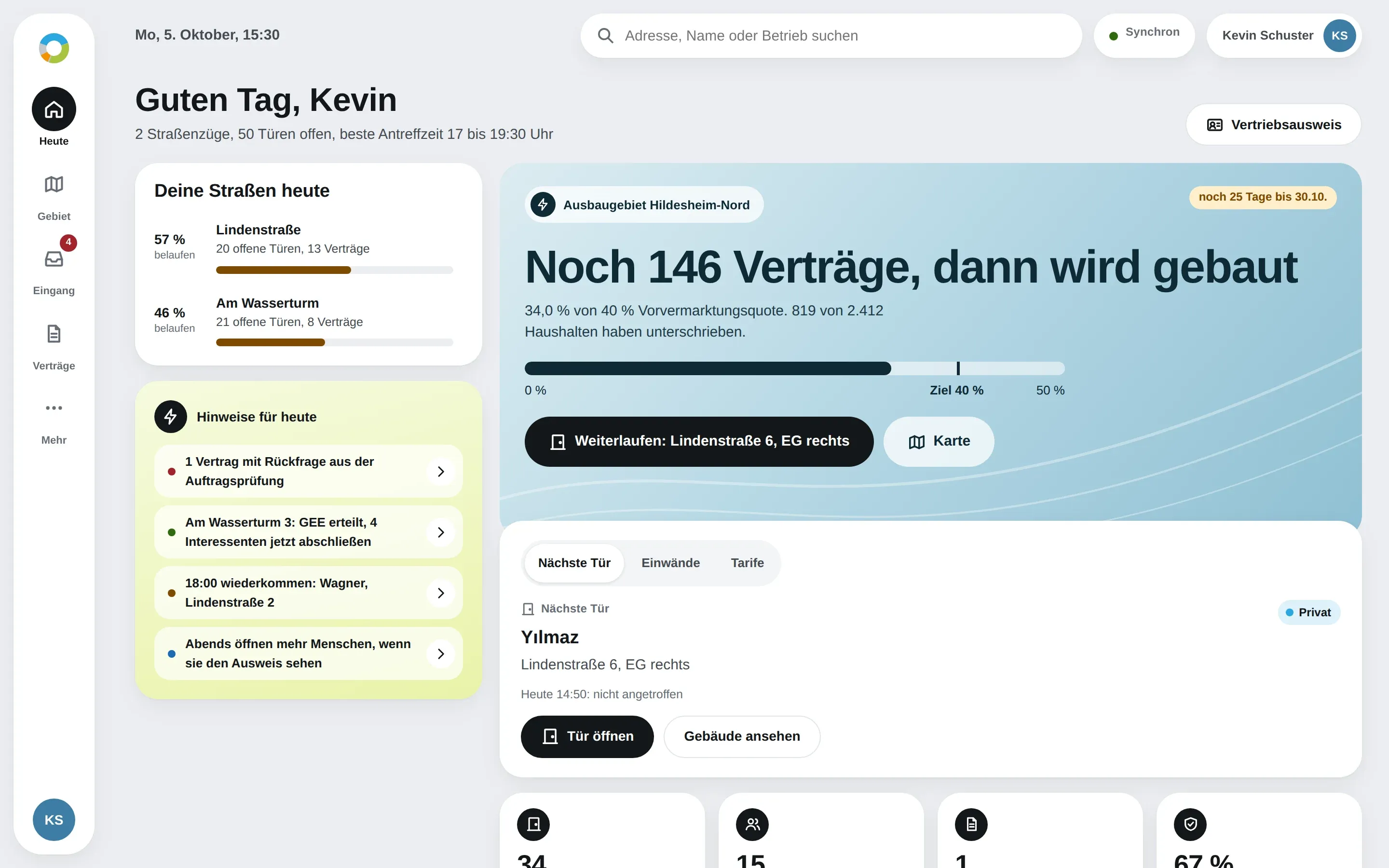 Startansicht von SIMON im Privatvertrieb mit Gebietsquote „Noch 146 Verträge, dann wird gebaut“, Straßen des Tages, Hinweisen und Kennzahlen