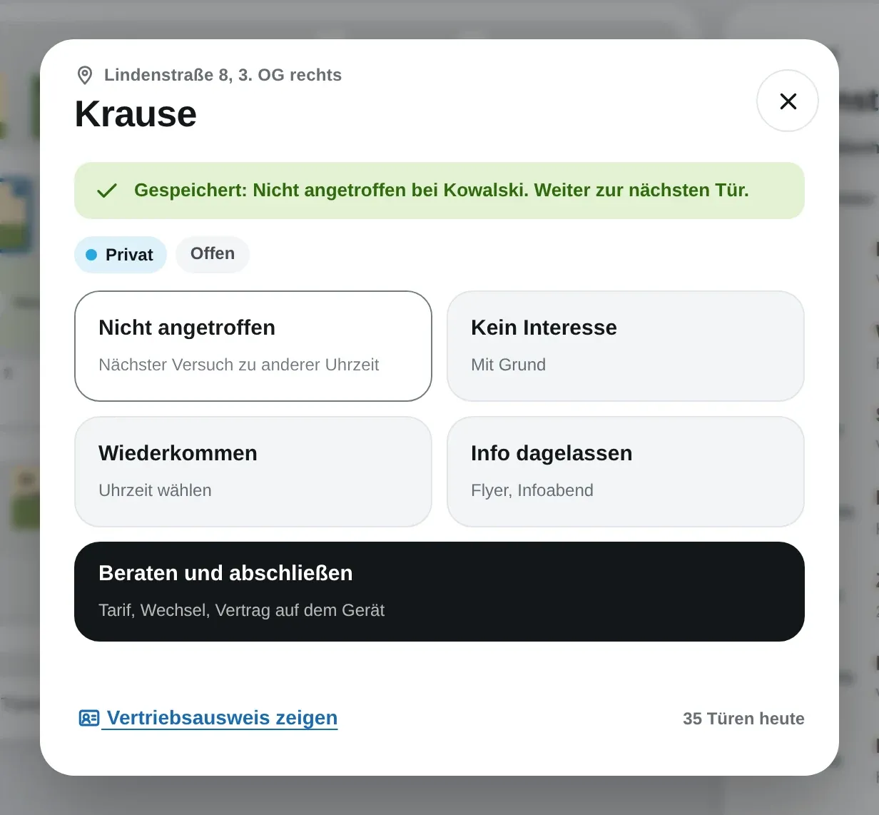 Tür-Dialog mit Bestätigung des letzten Ergebnisses und den Auswahlmöglichkeiten für die nächste Tür