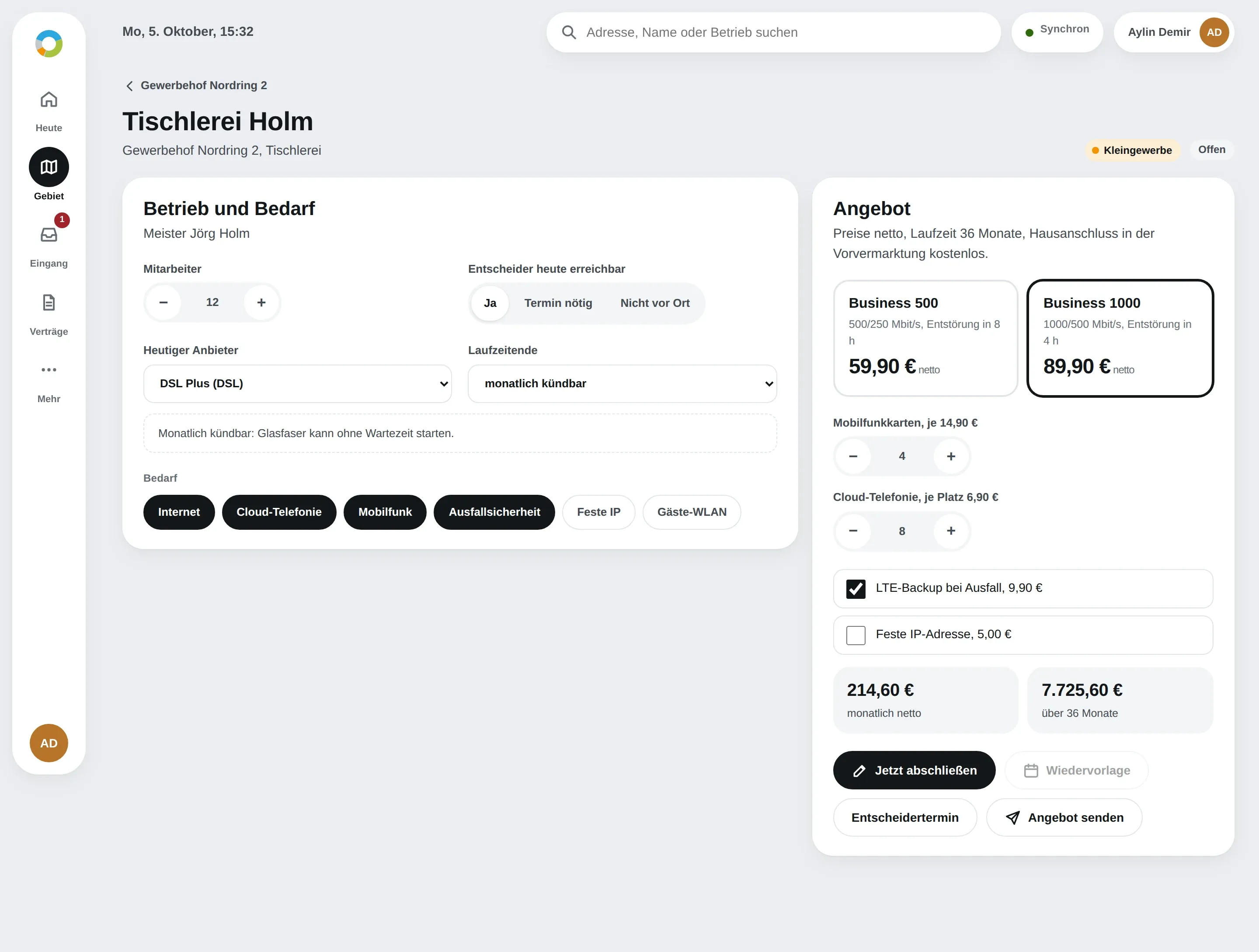 Firmenakte der Tischlerei Holm mit Angebot Business 1000, Mobilfunk, Cloud-Telefonie und LTE-Backup