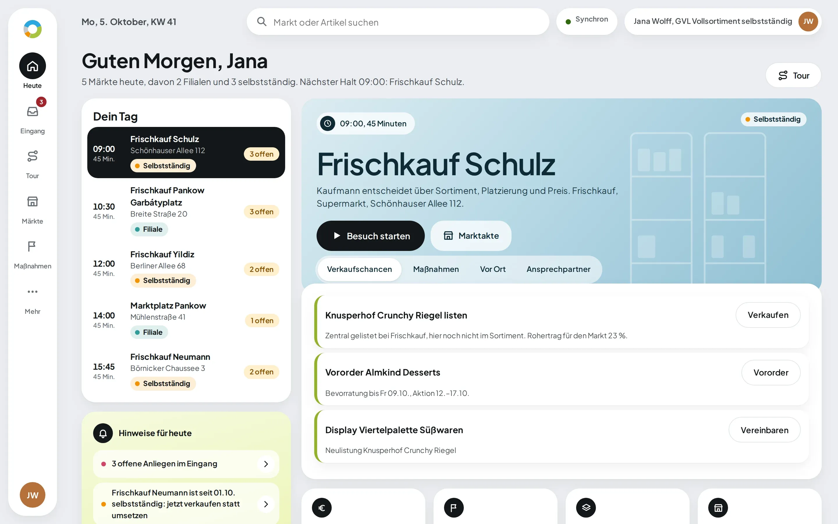 Startseite für die Gebietsverkaufsleitung Vollsortiment mit Tagesliste, Hinweisen und nächstem Markt mit Verkaufschancen