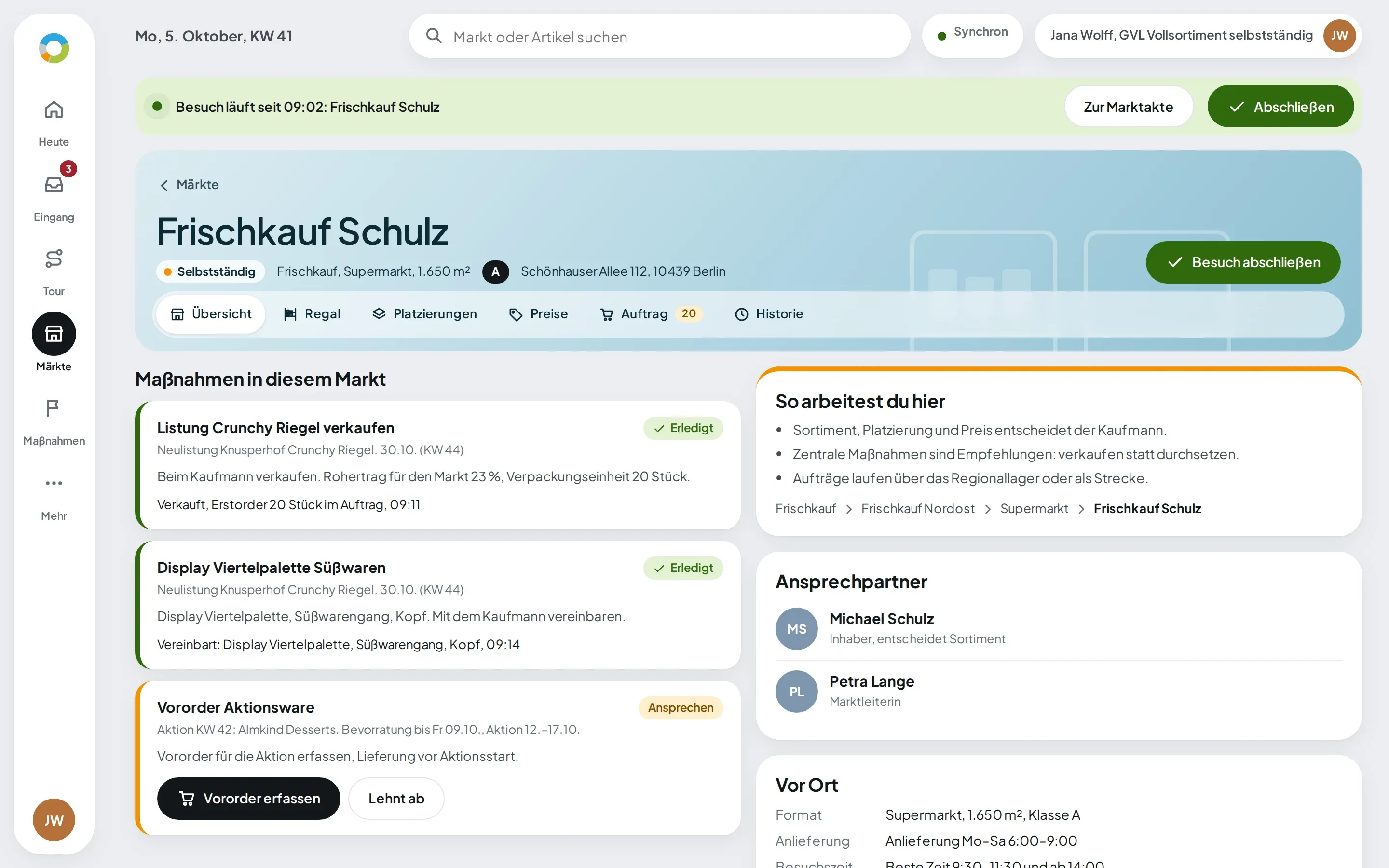Marktakte eines selbstständigen Marktes mit Maßnahmen: Listung verkauft, Display vereinbart, Vororder offen