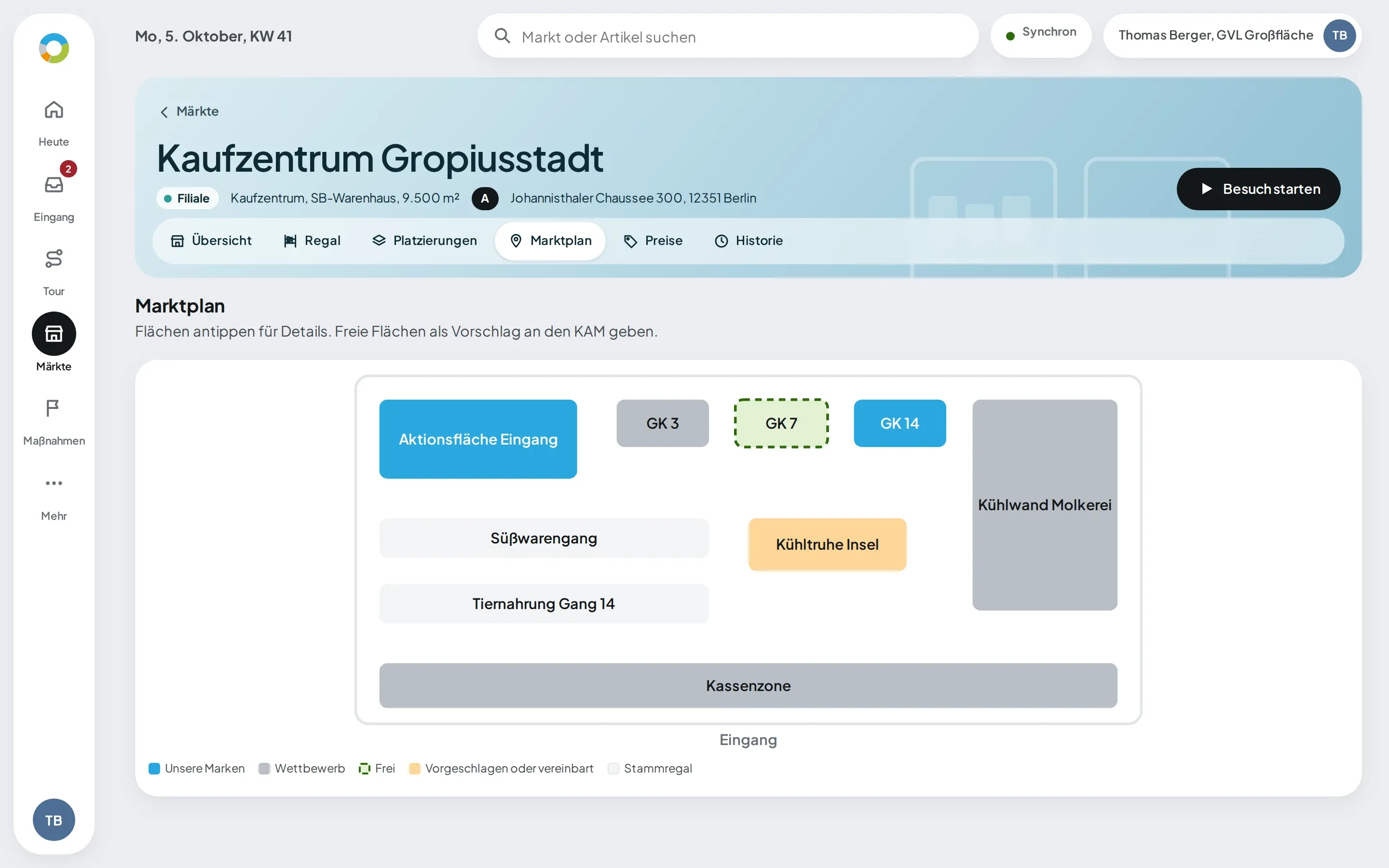 Marktplan eines Großflächenmarktes mit freien, belegten und vorgeschlagenen Flächen