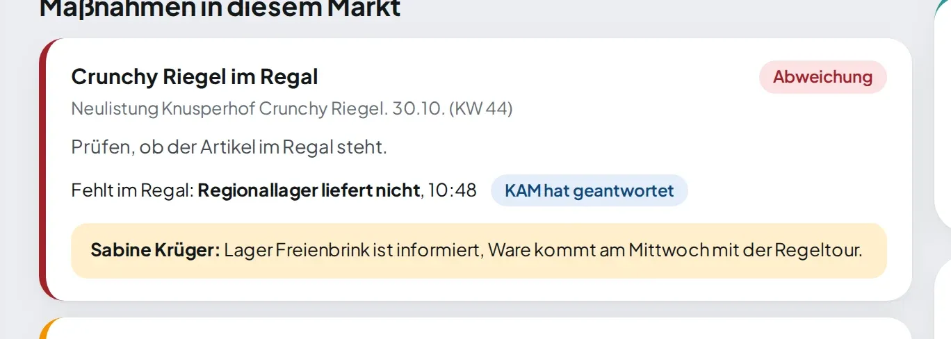 Abweichung zu einer Maßnahme mit Antwort des Key Account, sichtbar in der Marktakte