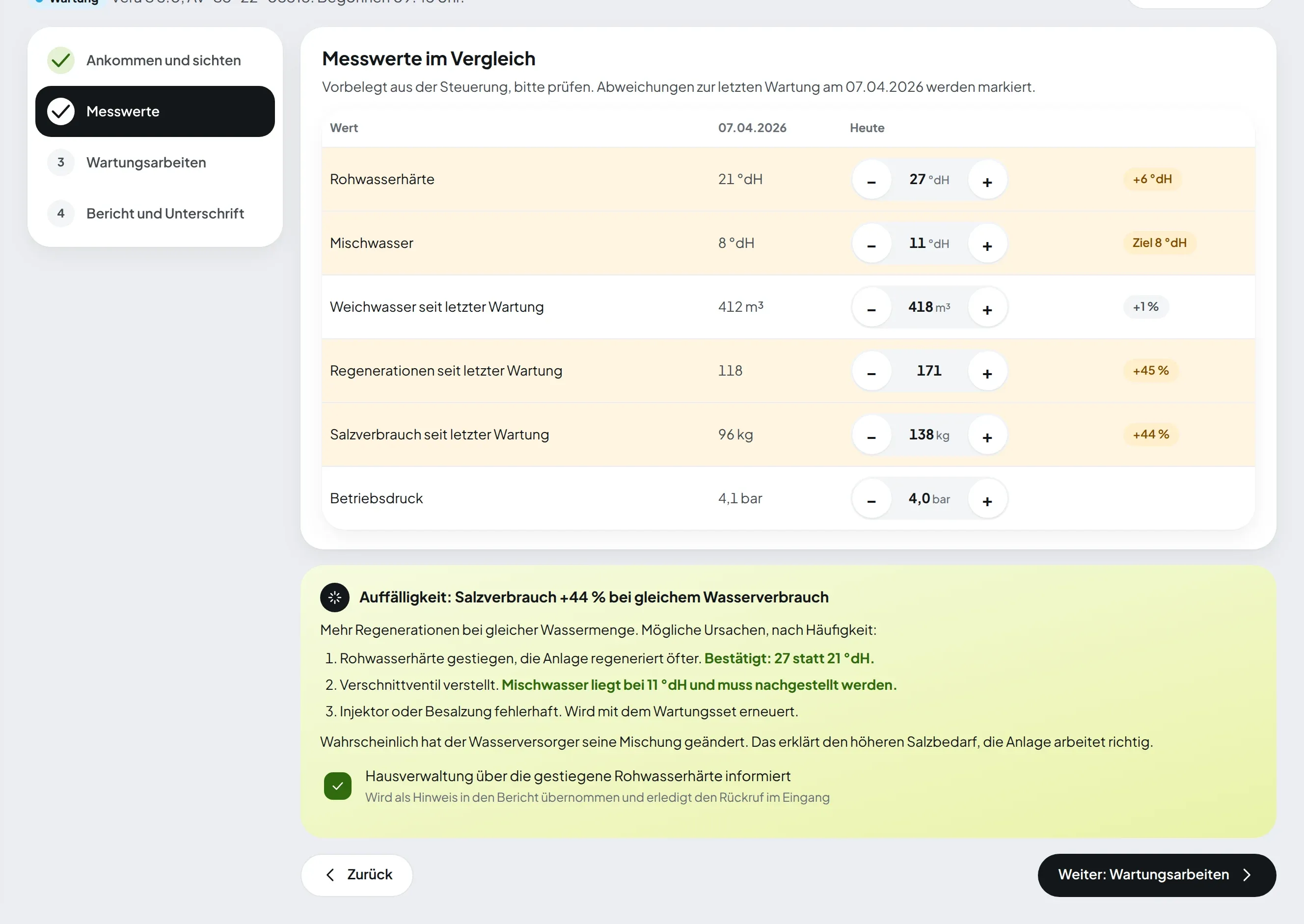 Messwertvergleich mit der letzten Wartung und markierter Auffälligkeit mit Befund