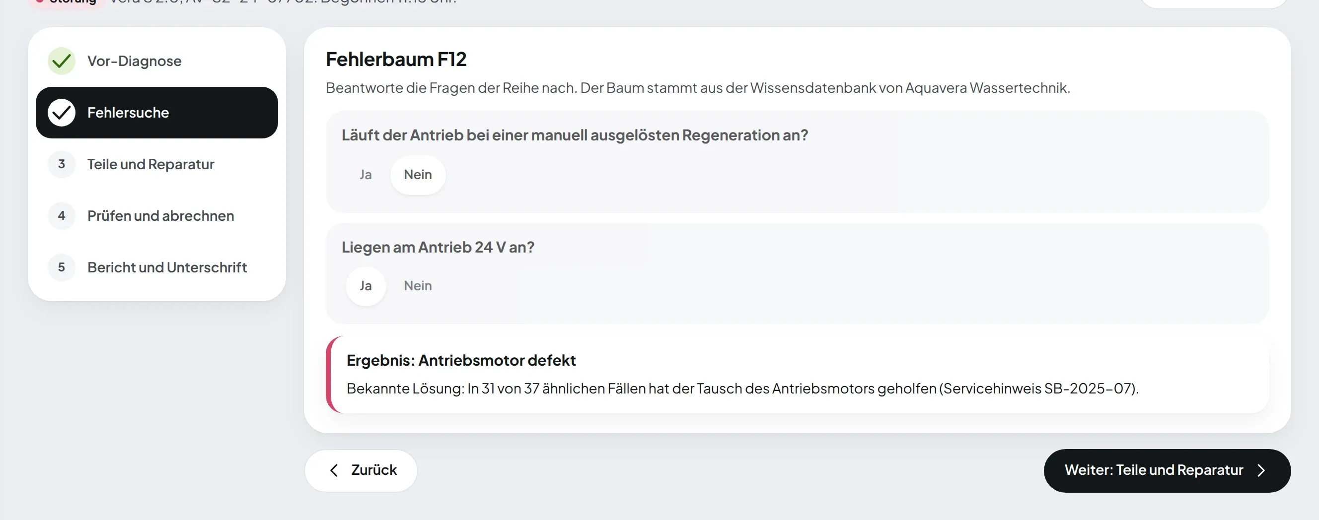 Fehlerbaum zur Störung F12 mit Fragen und Ergebnis Antriebsmotor defekt
