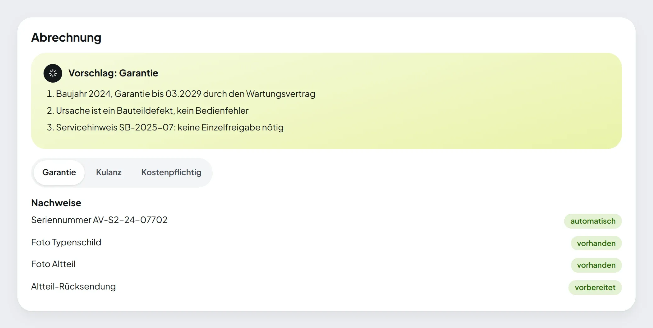 Abrechnungsvorschlag Garantie mit Begründung und Liste der Nachweise